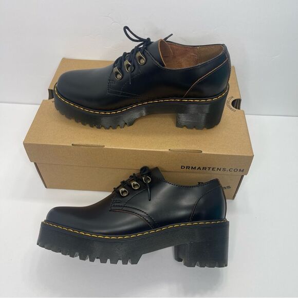 Dr. MARTENS Leona Lo Size 9 Vintage Smooth Leather Lug Sole Heeled Shoe, Black - Picture 10 of 13